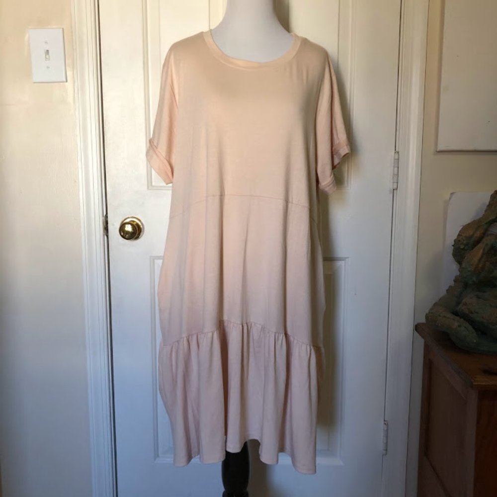 Berryou Light Pink Short Sleeve Loose Ruffle Swing T-Shirt Dress w/ Pockets (XL)